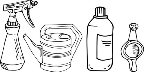 A set tools for spraying and watering plants in the garden. Everything for gardening. Drawing doodling. Manual of linear drawing. Vector graphics