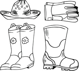 A set wear to work in the garden. Everything for gardening. Drawing doodling. Manual of linear drawing. Vector graphics