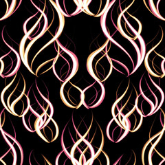 Vivid neon seamless pattern with hand drawn flames on a black background
