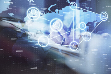 Social network theme hologram over woman's hands writing background. Concept of international people connect. Double exposure