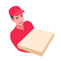 The pizza delivery person carrying the order. A cute courier boy holding a blank box. Empty space for text, logo. A young adult deliveryman in a red polo t-shirt.
