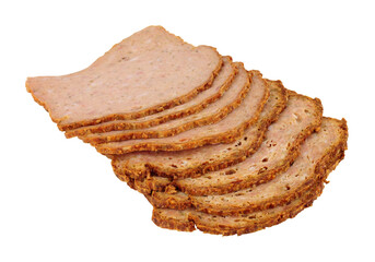 Thin slices of haslet meat isolated on a white background, haslet is an English pork and herb meatloaf also sometimes called acelet
