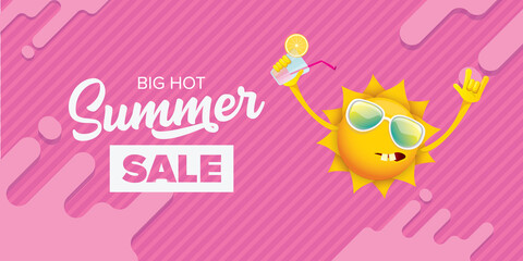 summer sale horizontal web banner or vector label with summer happy sun character wearing sunglasses and holding cocktail isolated on pink horizontal background