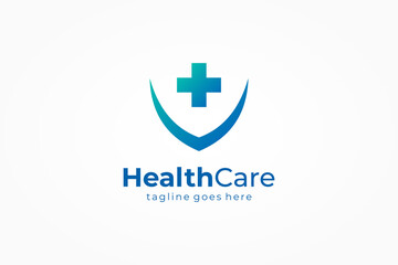 Healthcare Logo. Blue Green Cross Sign Medical Symbol with Shield Protection Icon Combination isolated on White Background. Flat Vector Logo Design Template Element.