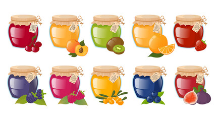 Set of jars with jam isolated on white background. 