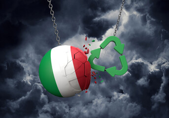 Obraz premium Green recycle symbol crashing into a Italy flag ball. 3D Rendering