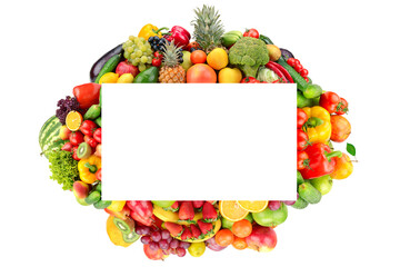 Rectangular fruit and vegetable frame isolated on white background.