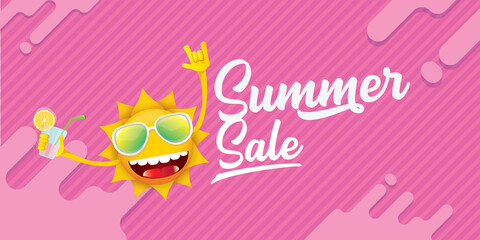 summer sale horizontal web banner or vector label with summer happy sun character wearing sunglasses and holding cocktail isolated on pink horizontal background