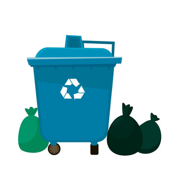 Trash can or garbage container with packages for recycling of household waste. Vector graphics in cartoon style.