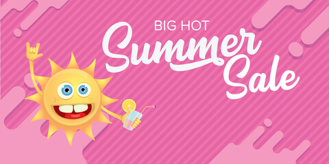 summer sale horizontal web banner or vector label with summer happy sun character wearing sunglasses and holding cocktail isolated on pink horizontal background