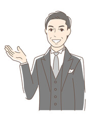 笑顔で手のひらを差し出す男性