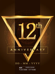 12th anniversary poster design on golden and elegant background, vector design for anniversary celebration, greeting card and invitation card.