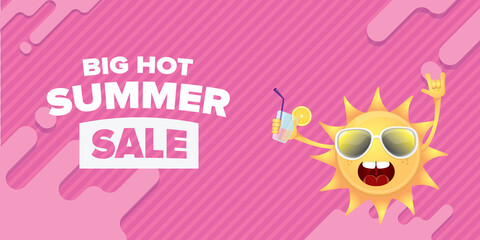 summer sale horizontal web banner or vector label with summer happy sun character wearing sunglasses and holding cocktail isolated on pink horizontal background