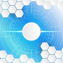 Obraz premium Blue technology background with various technological elements. The concept of innovative hi-tech communications. Digital technology and engineering.