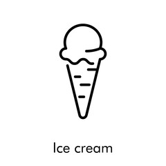 S&iacute;mbolo helado en cono de galleta. Icono plano lineal con texto Ice cream en color negro