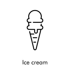 Símbolo helado en cono de galleta. Icono plano lineal con texto Ice cream en color negro