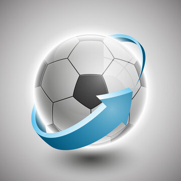 Shiny soccer ball with a dynamic arrow around waiting to be kicked,