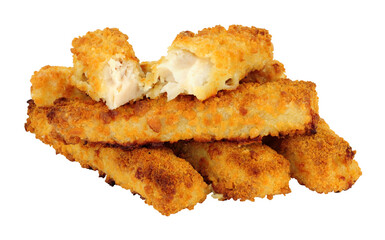 Group of jumbo breadcrumb covered cod fish fingers isolated on a white background