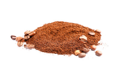 Coffee powder with beans on white background