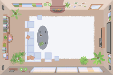 Vector illustration. Interior for living room. (top view)
Room, furniture, interior elements. (view from above) 