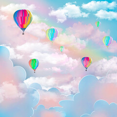 Beautiful volumetric clouds, rainbow in the sky and balloons, image for photo wallpaper, digital collage