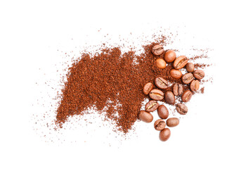 Coffee powder with beans on white background