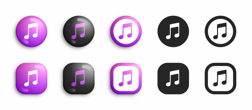 iTunes Apple Music Vector Icons Set In Modern 3D And Black Flat Style Isolated On White Background. Popular Music, Audio, Video Service App iTunes Logo In Different Styles