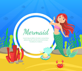 Mermaid Party Banner Template, Cute Aquatic Nature, Under the Sea Theme Party Greeting or Invitation Card, Flyer Vector Illustration