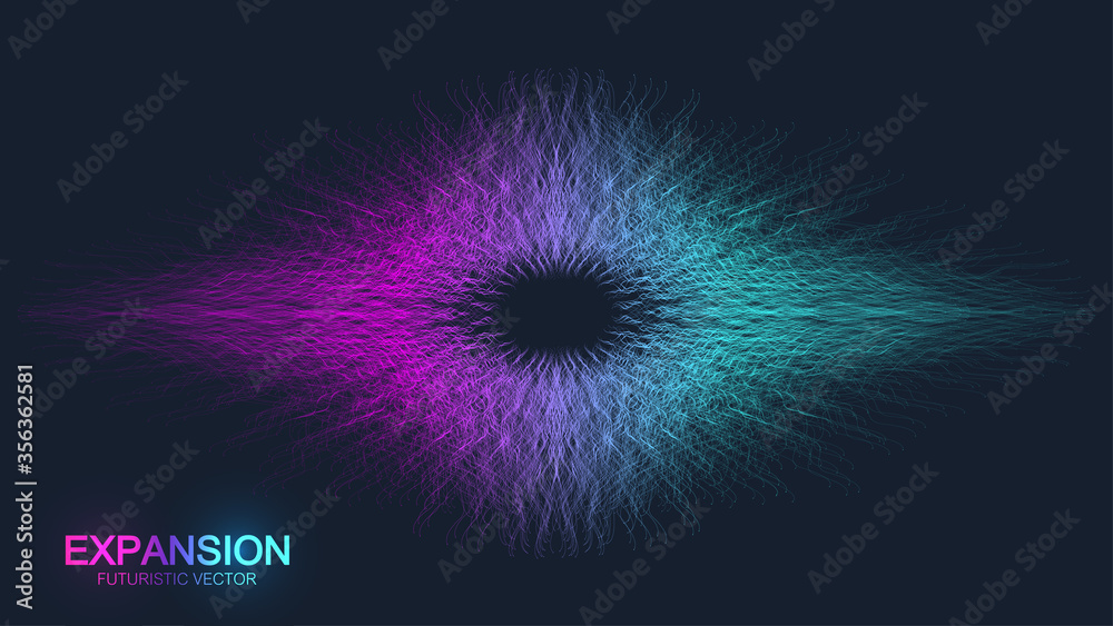 Poster Expansion of life. Colorful explosion background with connected line and dots, wave flow. Visualization Quantum technology. Abstract graphic background explosion, motion burst, vector illustration