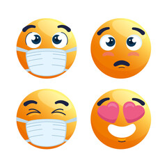 set of emoji wearing medical mask, yellow faces with a white surgical mask, icons for covid 19 coronavirus outbreak vector illustration design