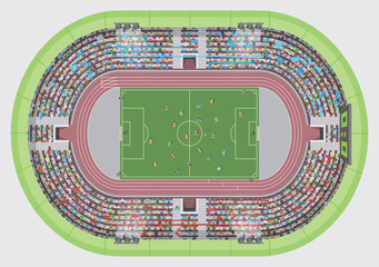 Football stadium top view. Soccer field. (view from above)  Fans in the stands watching the match. © Алексей Шпадарук
