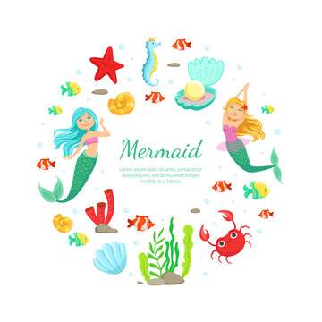 Mermaid Banner Template Cute and Aquatic Nature Elements of Round Shape and Space for Text, Under the Sea Theme Party Greeting or Invitation Card, Flyer Vector Illustration