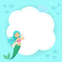 Cute Little Fairytale Mermaid with White Blank Speech Cloud Vector Illustration