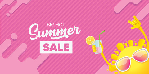 summer sale horizontal web banner or vector label with summer happy sun character wearing sunglasses and holding cocktail isolated on pink horizontal background