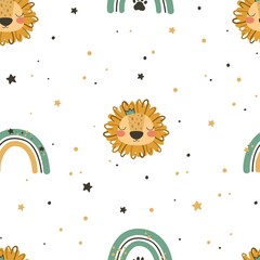 Seamless pattern with cute character lion and rainbow. Cute vector illustration for kids - lion. Ideal print for fabrics, textiles and gift wrapping Baby Shower