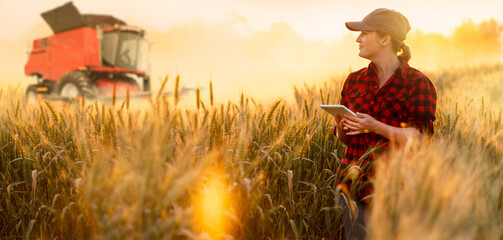 A woman farmer examines the field of cereals and sends data to the cloud from the tablet. Smart...
