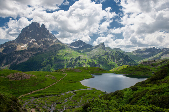 Pic du Midi Ossau and Ayous lake in the french Pyrenees mountains