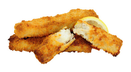 Group of jumbo breadcrumb covered cod fish fingers isolated on a white background