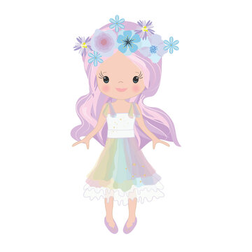 Vector Illustration Beautiful Cute Little Girl. Elegant adorable girl with long hair in a multi-colored dress. unicorn horn
