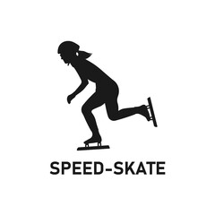 Female speed skater in action. Ice skating sport icon. Sportswoman sign. Speed symbol. Endurance training. Winter season activity. Seasonal sports logo. Young athlete - Vector silhouette illustration.