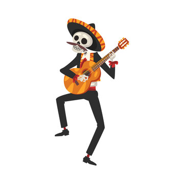 Male Skeleton in the Mexican National Costume Playing Guitar, Day of the Dead Dia de los Muertos Concept Vector Illustration © topvectors