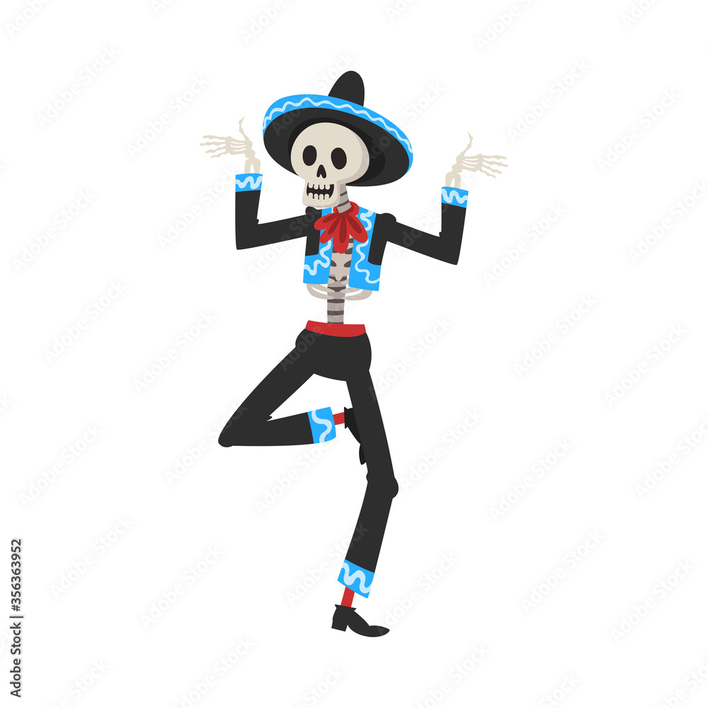 Poster Male Skeleton in Mexican National Costume and Sombrero Hat Dancing at Festival, Day of the Dead Dia de los Muertos Concept Vector Illustration