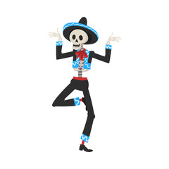 Male Skeleton in Mexican National Costume and Sombrero Hat Dancing at Festival, Day of the Dead Dia de los Muertos Concept Vector Illustration