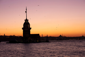 Maiden Tower (Kiz Kulesi) sunset landscape, Istanbul / Turkey