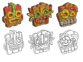 Set of african tribal masks. Ritual symbols isolated on white background. Colorful flat vector illustration. Vector illustration