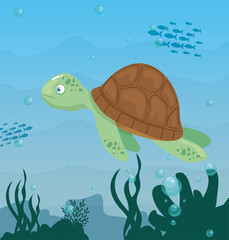 turtle animal marine in ocean, sea world dweller, cute underwater creature,habitat marine vector illustration design