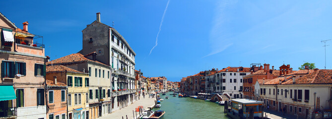 Fototapeta na wymiar Panoramic summer view Cannaregio canal from Tre Archi Bridge (Ponte dei Tre Archi). Venice. Italy.