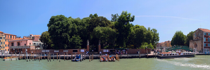 Panoramic summer view of Grand Canal with Papadopoli Garden. Venice. Italy.