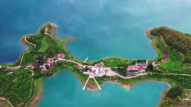Aerial sideways of isthmus at Ramsko lake, Bosnia and Herzegovina.