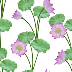 Pink lotus and leaves seamless pattern. Vector realistic floral repeat background